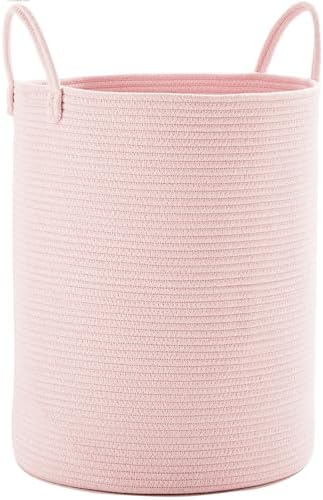 Large Pink Hamper Laundry Basket for Baby Kids 15Dx20H inches | Woven Rope Nursery Hamper for Girls Room Bedroom Kawaii Laundry Bin 60L Capacity