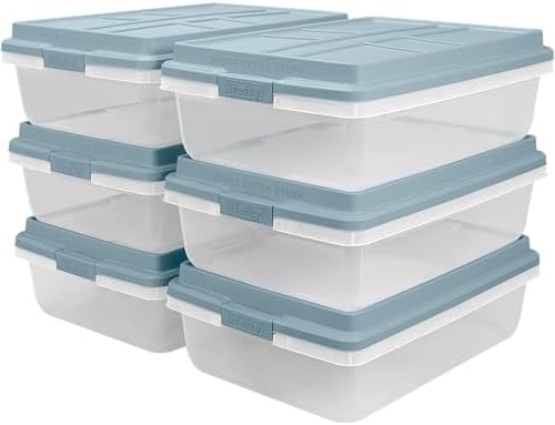 Hefty Hi-Rise Storage Bin with Lid, 40 Quart, Smoke Blue, 6 Pack