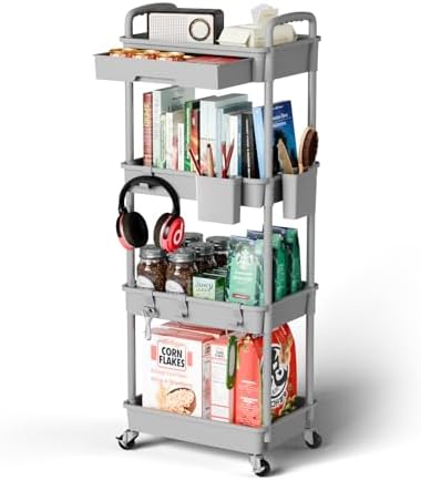 Sorgion 4 Tier Rolling Cart Organizer,Art Craft Diaper Bedside Snack Laundry Room Bathroom Organizer Narrow Thin Slim Rolling Trolley Utility Cart with Wheels for Kitchen,Office(Grey)