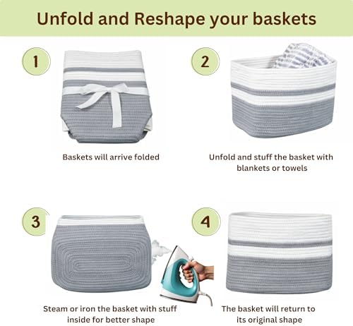 Cotton Rope Baskets for Organizing and Storage, Woven Decorative Baskets for Shelves, Books, Closets. Storage Bins for Living Room, Bedroom (Gray, 3 - Pack | Medium)
