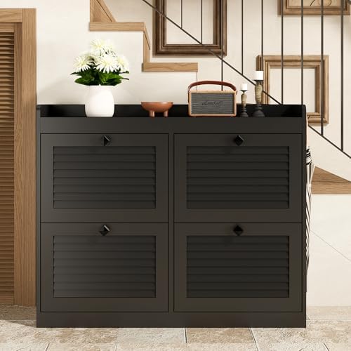 GarveeHome Large Shoe Cabinet with 4 Flip Drawers, Wooden Shoe Cabinet Storage with Adjustable Shelf for Entryway, Freestanding Hidden Shoe Organizer for Hallway, Bedroom, Living Room, Black