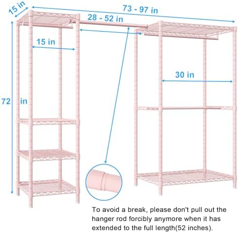 Ulif E10 Clothes Rack（With Stretchable Hanger Rod）Freestanding Clothing Racks for Hanging Clothes，Adjustable Closet Organizer System，Portable Garment Rack 73-97"W x 15" D x 72" H，Max Load 800LBS，Pink