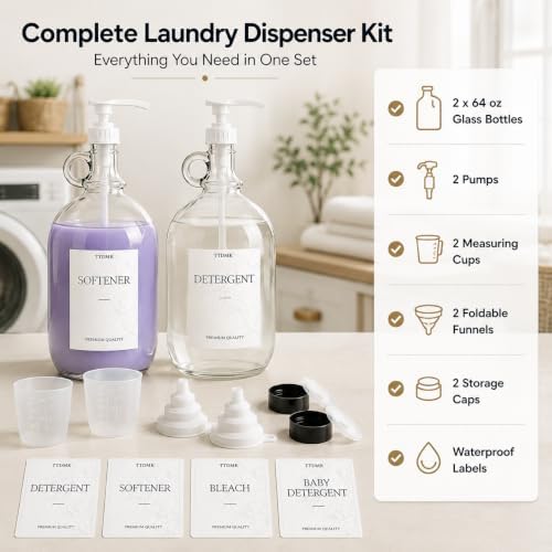 2 Pack Glass Laundry Detergent Dispensers, 64 oz Half Gallon Bottles | Reusable Glass Bottles with Pumps and Labels for a Clean, Organized and Stylish Laundry Room.