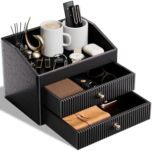 LADSTAG Office Supplies,Black Vegan Leather Office Organization with 2 Drawers & Tray,Glasses Holder with Gold-Tone Metal Accents Knob for End Tables,Bedside Table,Bedroom