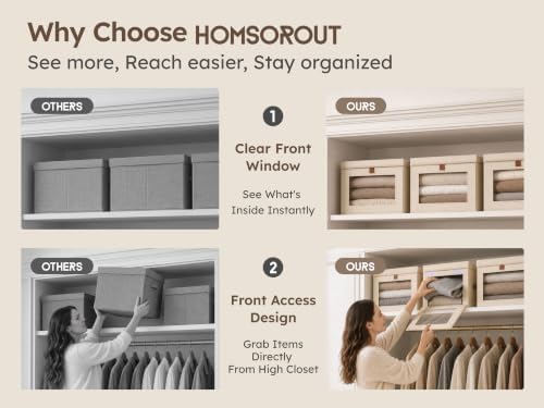 Homsorout Large Closet Storage Organizer - Clothes Storage Bins with Handles & Window, Collapsible Decorative Boxes with Lids, Fabric Containers for Living Room, Dorm, 2 Pack, Beige