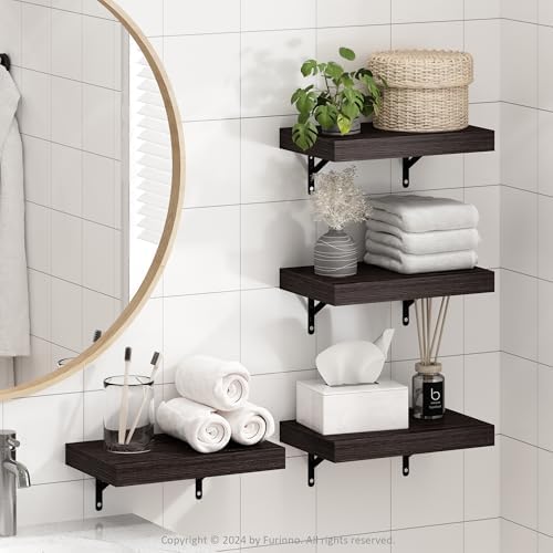 Furinno Tanna Floating Shelves for Wall Set of 4, 15-Inch Bathroom Wall Shelf, Wall Mounted Shelf, for Bathroom Organizers and Storage, Living Room, Tobacco Oak