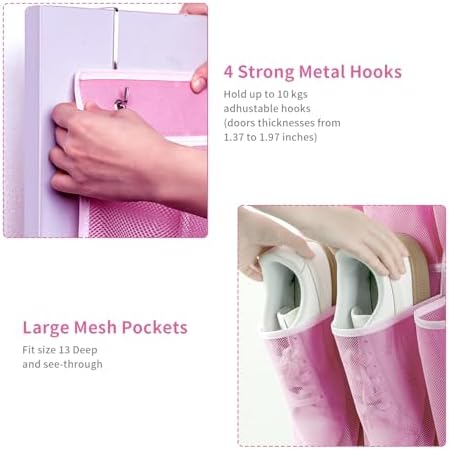 SAVERHO 35 Pockets Over the Door Shoe Organizer, Hanging Shoe Organizer for Door with 35 Mesh Pockets Large Capacity Shoe Hanging Storage Bag with 4 Metal Hooks (Pink-1Pack)