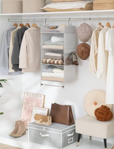 StorageWorks 3-Shelf Hanging Closet Organizer with Half Compartment, Ivory | Add More Storage to Small Closets, a Side Pocket and Half Compartment, Ideal for Bedrooms, Dorms and RVs,Light Grey
