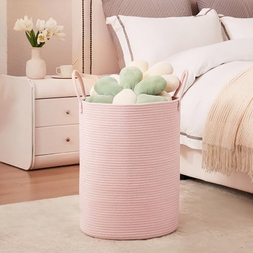 Large Pink Hamper Laundry Basket for Baby Kids 15Dx20H inches | Woven Rope Nursery Hamper for Girls Room Bedroom Kawaii Laundry Bin 60L Capacity