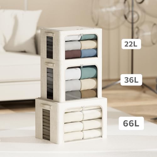 4 Pack Clothes Storage Bins with Metal Frame - 66L Stackable Storage Box with Lid，Foldable Storage Container Organizer for Clothes，Linen Fabric Storage Box with Clear Window＆Zippers＆Handles