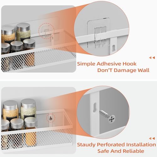 Spice Rack Wall Mount, 4 Pack Wall Spice Rack & Hanging Storage Baskets Organizer Wall Mount, Large Capacity Metal Spice Shelf for Kitchen Cabinet, Pantry Doors, Bathroom, Shower, Home Decor
