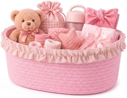 RattanView Pink Rope Gift Basket with Gingham Ruffle Trim 12x8x5 Inch Cotton Rope Storage Basket with Handles Decorative Small Woven Organizer Bin for Women Nursery Baby Shower Christmas