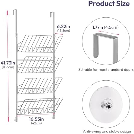 SWTYMIKI Over the Door Shoe Organizer - Adjustable 4 Tier Hanging Shoe Rack Organizer, Metal Heavy Duty Behind Door Storage or Wall Mount Shoes Shelf for Flats, Heels, Sneakers, Boots, Silver