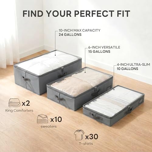 10" High Capacity Under Bed Storage Bins (2-Pack, Charcoal Grey), Deep 600D Heavy Duty Oxford Fabric Organizer Containers with Matching Vegan Leather Handles for Comforters, Pillows & Blankets