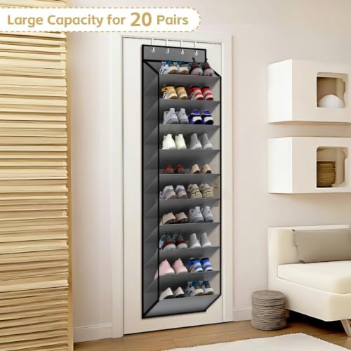 KEEPJOY 10 Tiers Mesh Over Door Shoe Organizer Storage, Hanging Shoe Holder for Door with Large Deep Pockets, Holds 20-30 Pairs of Shoes, Ideal for Sneakers & Boots(Grey)