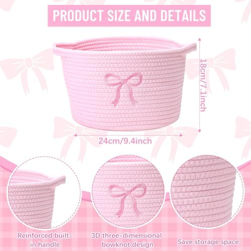 Vesici 3 Pcs Pink Bow Small Storage Baskets Coquette Bow Woven Cotton Rope