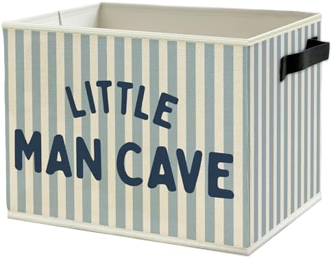 Little Man Cave Boys Storage Bins Box with Handles, Olive Blue Stripe Boho Collapsible Basket Organizer for Kids Boys Playroom Nursery Room Bedroom Bathroom Books Clothes