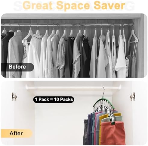 Legging Organizer for Closet, Metal Yoga Pants Hangers 1 Pack w/10 Clips Holds 10 Leggings, Space Saving Hanging w/Rubber Coated Closet Organizers and Storage, Green