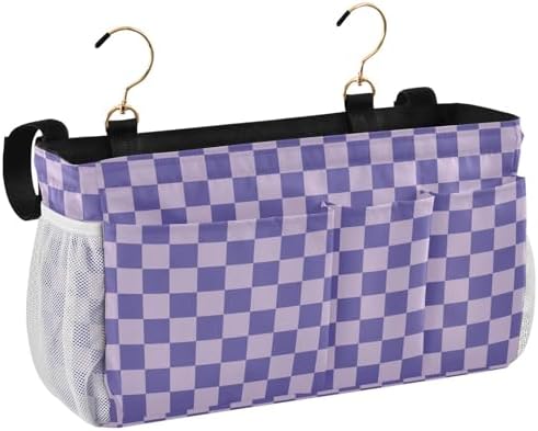 Purple Checkerboard Print Bedside Caddy Storage Bag Bedside Organizer for Bunk Bed Headboards College Organizer Caddy Hanging Shelf 6 Pockets with Hooks for Drinks Magazine Phone Holder
