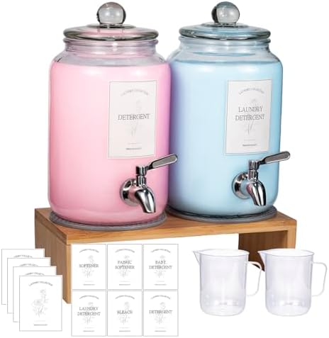 2 Pack Glass Laundry Detergent Dispenser,Sturdy glass Fabric Softener Dispenser With Leak Proof Pump,Reusable Container & Bamboo Stand-108Oz Big Laundry Soap Container For Washer Room Organization (2)