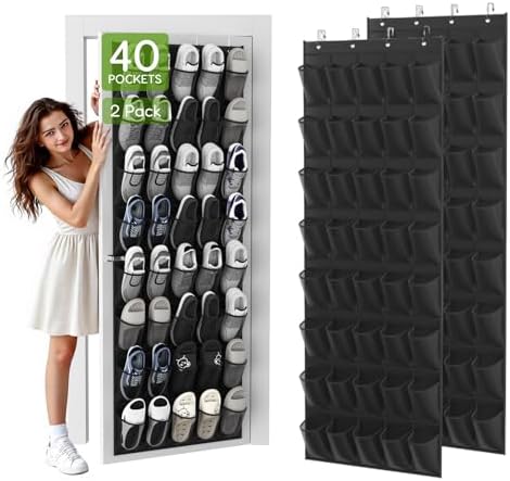 Over the Door Shoe Organizer with 40 Large Breathable Mesh Pockets, Space Saving Shoe Holder, Hanging Shoe Rack for Entryway Bedroom Closet Storage (Black, 80 Pockets)