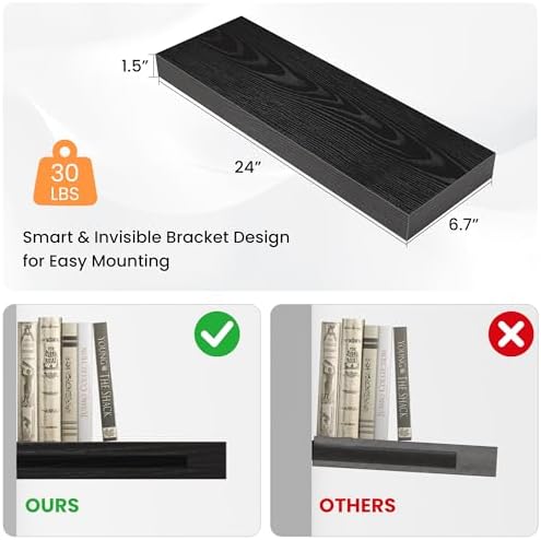 FLYJOE Floating Shelves for Wall, 24" W x 6.7" D x 1.5" H, Wooden Wall Mounted Display Shelves with Invisible Brackets for Living Room, Bedroom, Bathroom, Kitchen Decor and Storage, Set of 2, Black