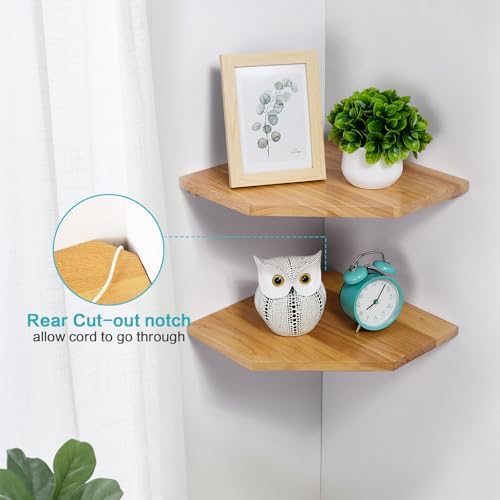 Corner Wall Shelves, Corner Floating Shelves Set of 2 Solid Oak Wood Display Shelf with Wire Hole Small Plant for Kitchen Living Room