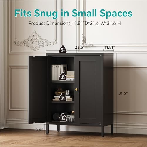 Small Metal Storage Cabinet,11.8" D x 23.6" Wx31.5 H,Bathroom Cabinet with Adjustable Shelves,Shaker Cabinet for Kitchen Living Room Entryway Dining Room, 3-Tier,Black