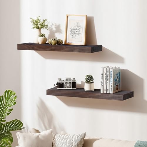 30x6.8x1.7in Solid Wood Floating Wall Shelf Set of 2 Walnut Finish