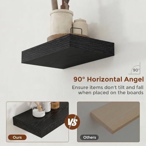 Heimlove 12 Inch Floating Shelves for Wall Black Shelves Set of 2,Wall Mounted Rustic Wood 8 Inch Deep Floating Shelf with Invisible Brackets for Bedroom Kitchen Living Room