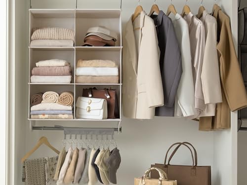 StorageWorks Hanging Closet Organizer with Rod, 6 Sections, 3 Tiers, White | Maximize Closet Space with 6 Open Sections and Built-in Rod for Hanging Clothes Below