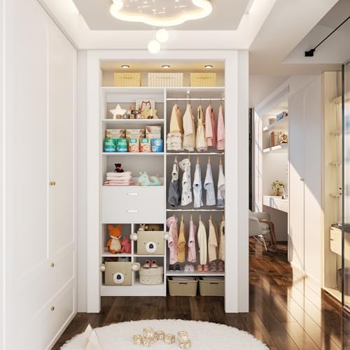 5FT Closet Organizer System with Wooden Drawers, 60 Inches Walk In Closet System With 5 Hanging Rods, Can Fit 1.58 to 6.8 FT with Reversible Hanging Shelving, White
