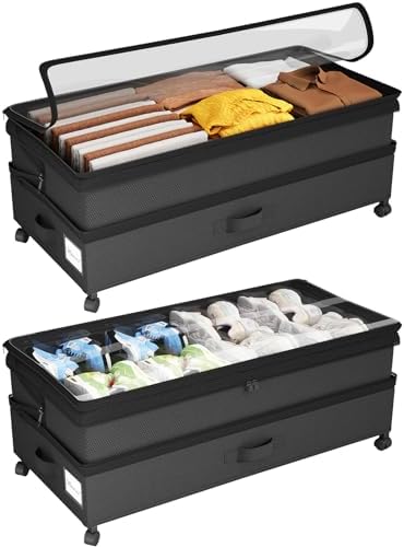 Kitstorack 2Pack Height-adjustable Under Bed Storage with Wheels, Under Bed Storage Containers,Under Bed Shoe Storage Organizer with Clear Window&Label, Suitable for Clothes Storage, Black