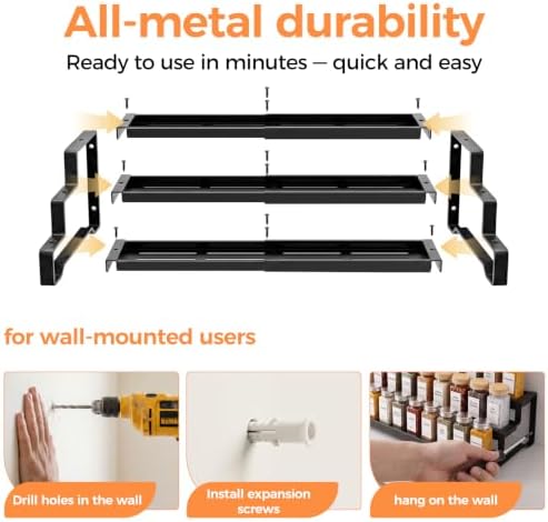 Spice Rack Organizer for Cabinet, 3-Tier Expandable 14.37"–26.02" Seasoning Organizer Shelf – Sturdy Metal Spicy Shelf for Jar & Bottle Storage in Kitchen Cabinet & Pantry, Black
