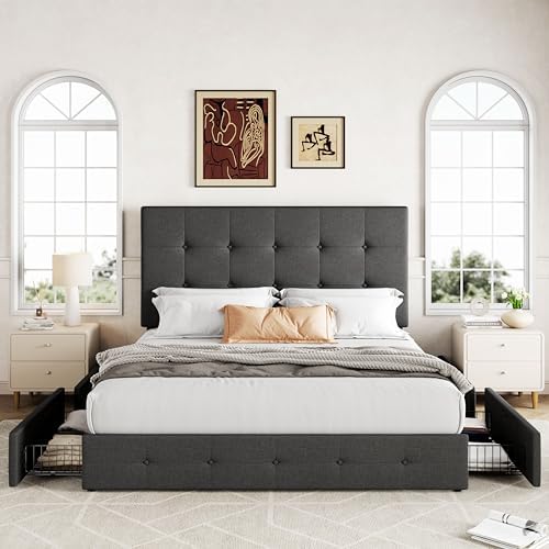 Allewie Full Size Storage Bed Frame with 4 Underbed Drawers, Dark Grey
