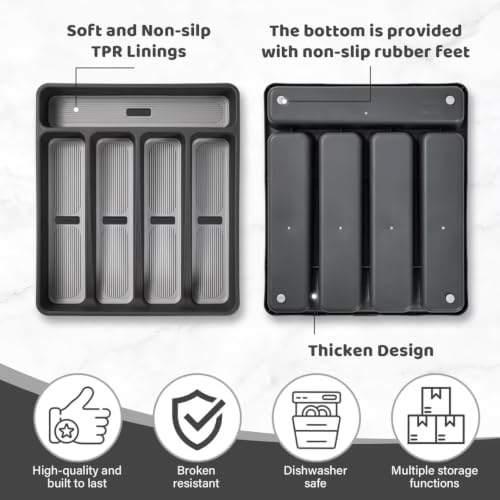5-Compartment Silverware Organizer Tray with Icons for Kitchen Drawer