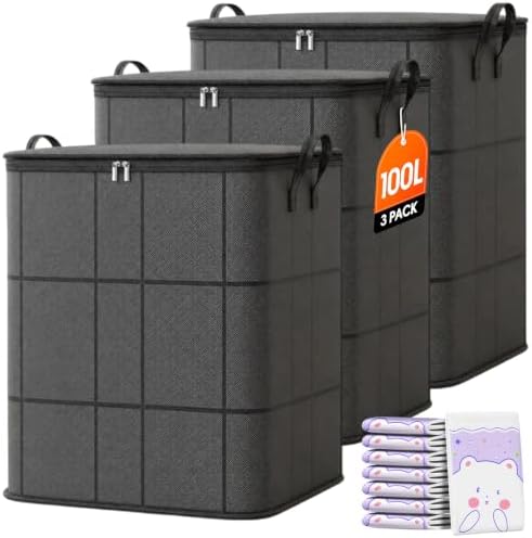 3 Pack 180L Portable Moving Storage Bags, Spacious Moving Storage Bin, Foldable Large-Capacity Clothes Storage Containers for Bedroom, Closet, Clothing, Comforter, Reinforced Handles，M:100L：3