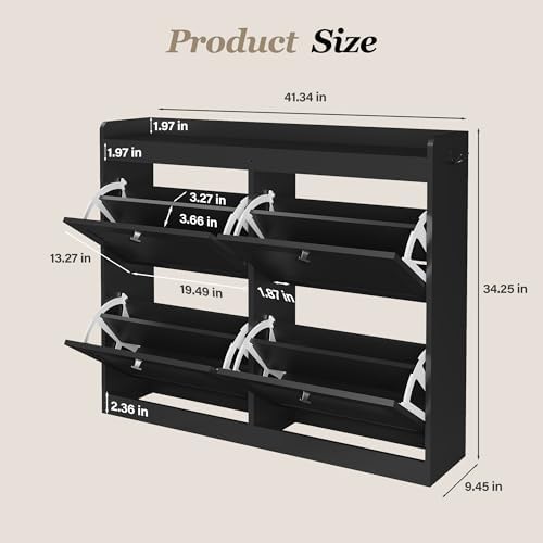 GarveeHome Large Shoe Cabinet with 4 Flip Drawers, Wooden Shoe Cabinet Storage with Adjustable Shelf for Entryway, Freestanding Hidden Shoe Organizer for Hallway, Bedroom, Living Room, Black