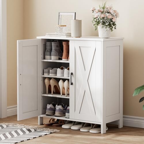 Homleke Farmhouse Shoe Cabinet with 2 Barn Doors & Wood Legs