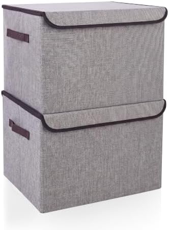 Bagnizer Large 42 Quarts Fabric Storage Bins with Lids [2-Pack] Linen Collapsible Foldable Storage Cubes, Closet Organizer Containers boxes with Handles for Home Office (16.7 x 12 x 12, Gray)