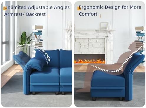 LLappuil Oversized Sleeper Sectional Sofa Couch, 102.2" 6-Seater Bed Shaped Modular Sectional Sofa with Storage Chaise, High Back Recliner Velvet Couches, Anti-Scratch Blue