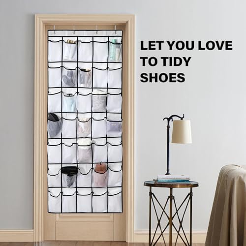 35 Pocket Over Door Shoe Organizer with 4 Metal Hooks（Black-White）