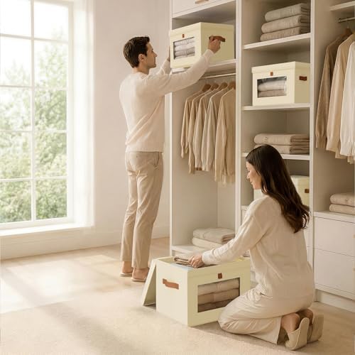 Homsorout Storage Bins with Lids - Front Opening Storage Box with Clear Window & Handles, Stackable Foldable Fabric Bins for Closet Organization, Clothes, Sweaters, Towels, Blankets, 6 Pack, Beige