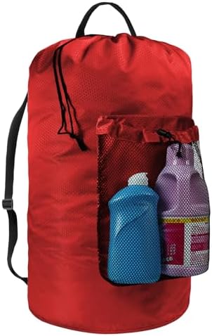 Laundry Bag with Shoulder Straps and Mesh Pocket Laundry Backpack Large Portable Laundry Hamper for College Laundromat Apartment (Red)