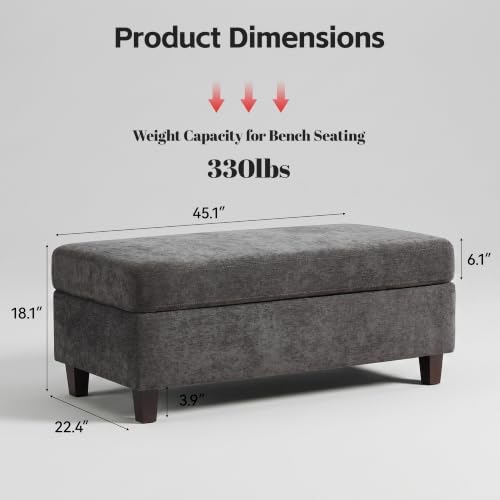 GENTEACO 45" Ottoman Coffee Table with Storage, Reversible Wooden Tray Top, Large Chenille Upholstered Ottoman, Hidden Storage Foot Rest Bench for Living Room, Bedroom, Entryway,Dark Gray