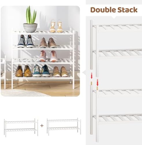 Bamboo Shoe Rack Stackable Shoe Shelf Storage Organizer for Unit Entryway Hallway and Closet Sturdy Freestanding Shoe Shelf(4 Tier White)