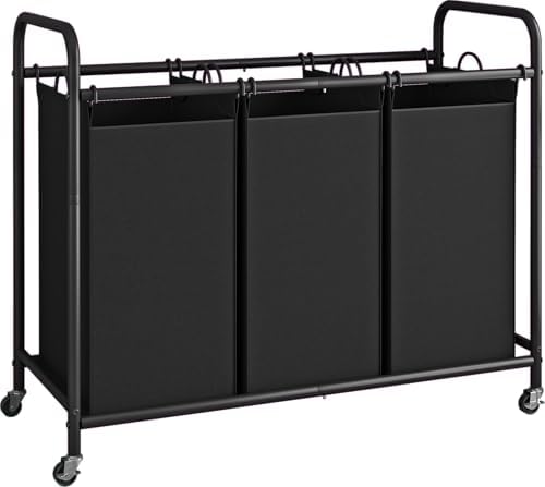 LINZINAR 3 Section Laundry Hamper, Black Laundry Basket 135L Laundry Sorter | Laundry Room Organization with Heavy Duty Rolling Lockable Wheels and Removable Bag, Bedroom Laundry Cart for Clothes Storage