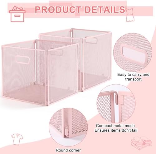 Funnymoom 2 Pcs Pink Foldable Metal Wire Basket with Handles 13 x 13 Inch