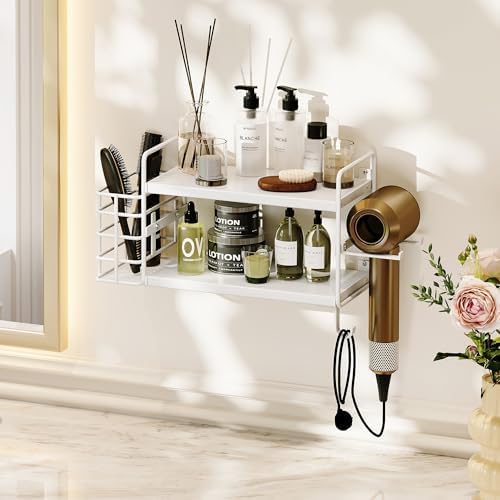 3-in-1 Wall Mounted Hair Dryer Holder with 2 Tier Shelves & Detachable Basket, Space Saving Organizer for Bathroom, Kitchen, Bedroom, Rust-Resistant, Easy Install (White)