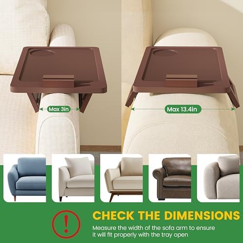 Bamboo Sofa Tray,Couch Arm Table, Clip-On Armrest Tray Table for Wide Couch Foldable Tray with 360° Phone Holder Couch Arm Tray for Eating/Drinks/Snacks/Remote，Brown